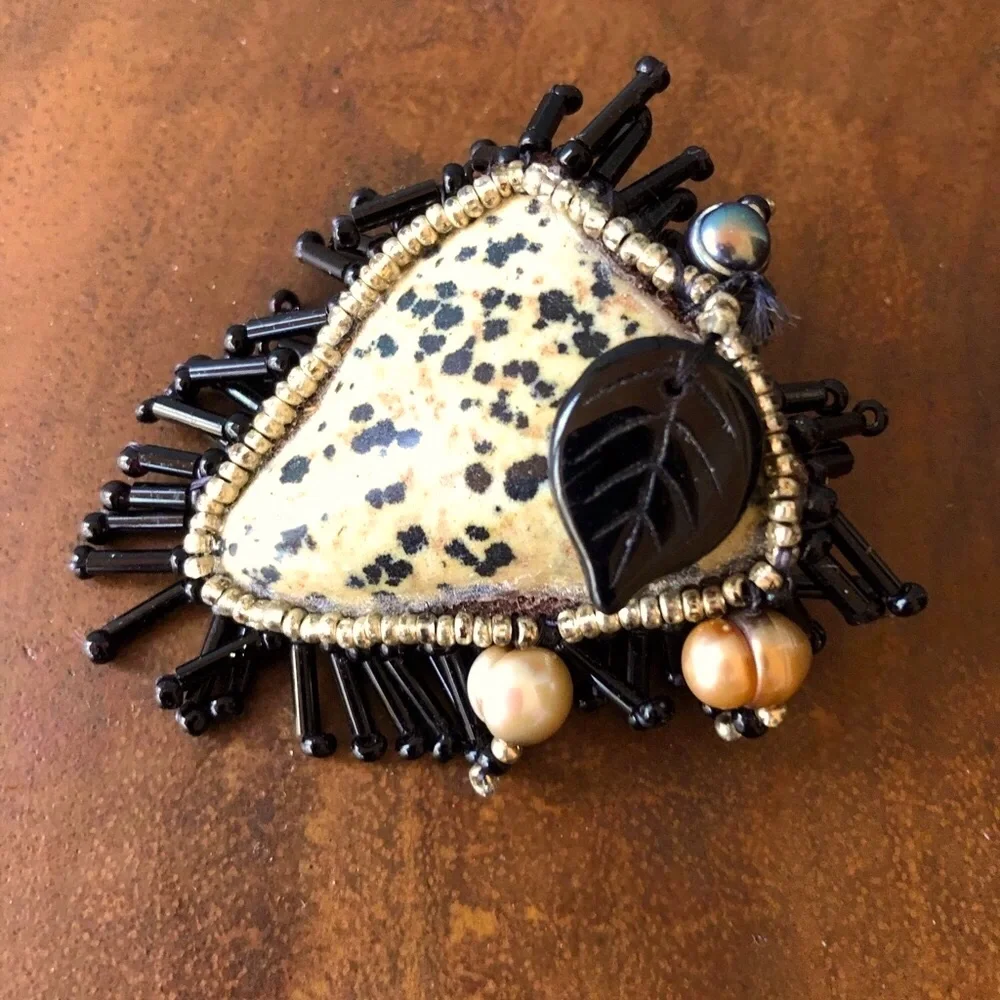 Dalmatian Jasper beautiful & unique artisan made brooch adorned w/beads & pearls - Picture 1 of 7